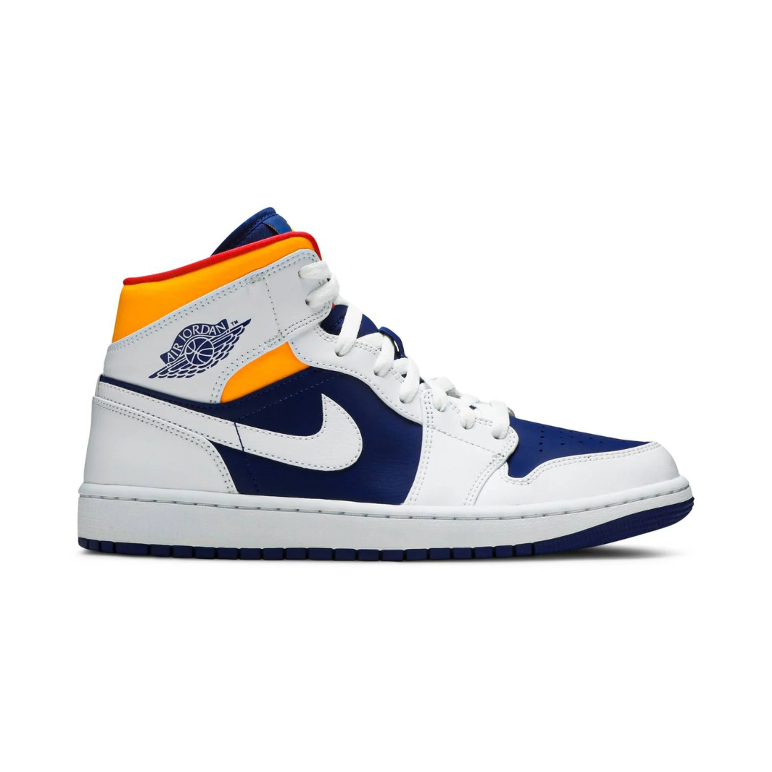 Jordan 1 Mid - Branco/Laranja Laser/Azul Royal/Marinho