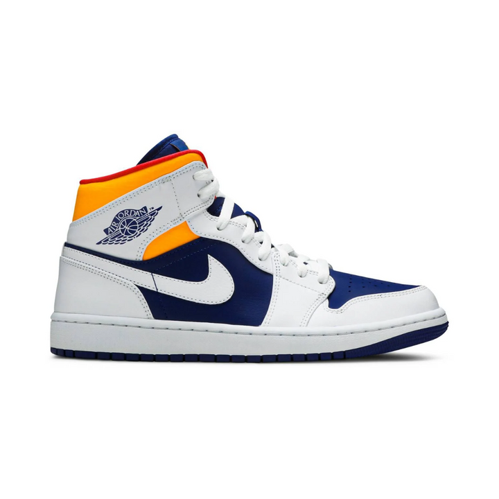 Jordan 1 Mid - Branco/Laranja Laser/Azul Royal/Marinho