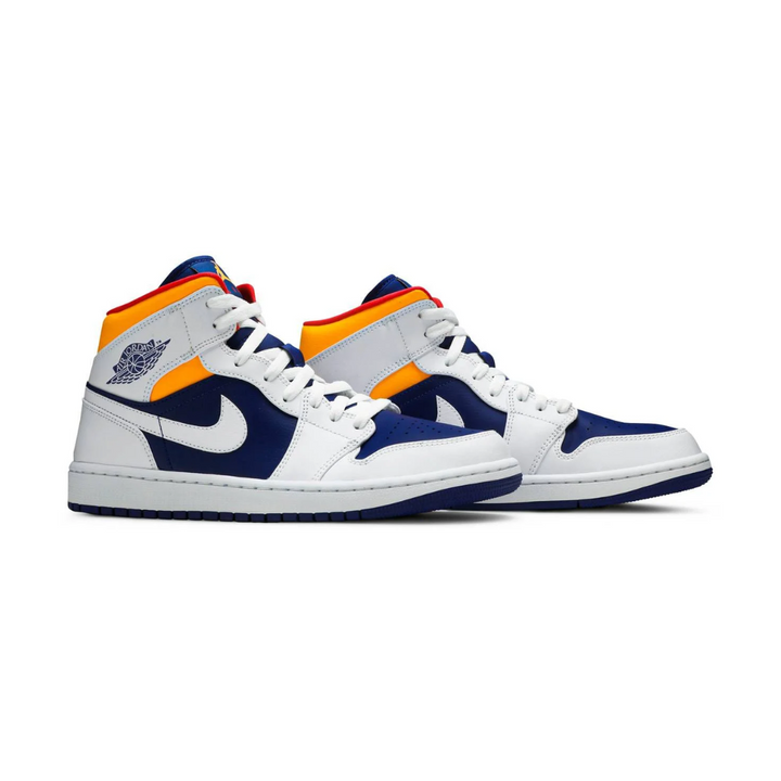 Jordan 1 Mid - Branco/Laranja Laser/Azul Royal/Marinho