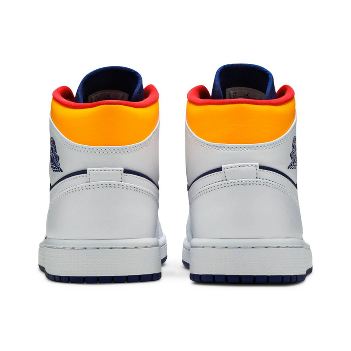 Jordan 1 Mid - Branco/Laranja Laser/Azul Royal/Marinho