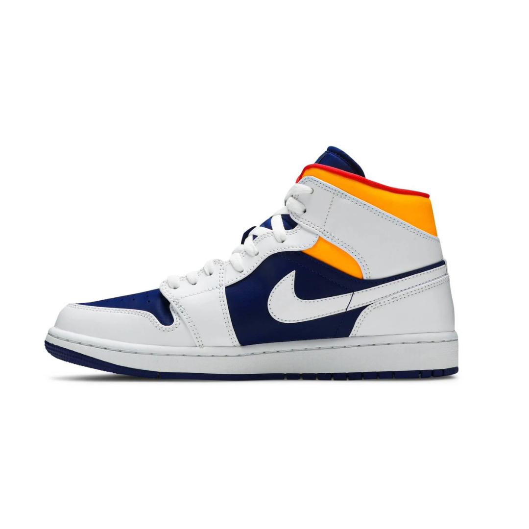 Jordan 1 Mid - Branco/Laranja Laser/Azul Royal/Marinho
