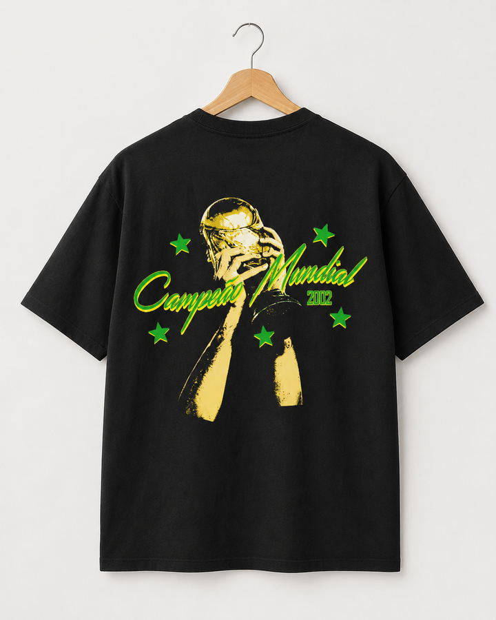 Camiseta Brasil Campeão Mundial 2002 Oversized Masculina - Preto lavado