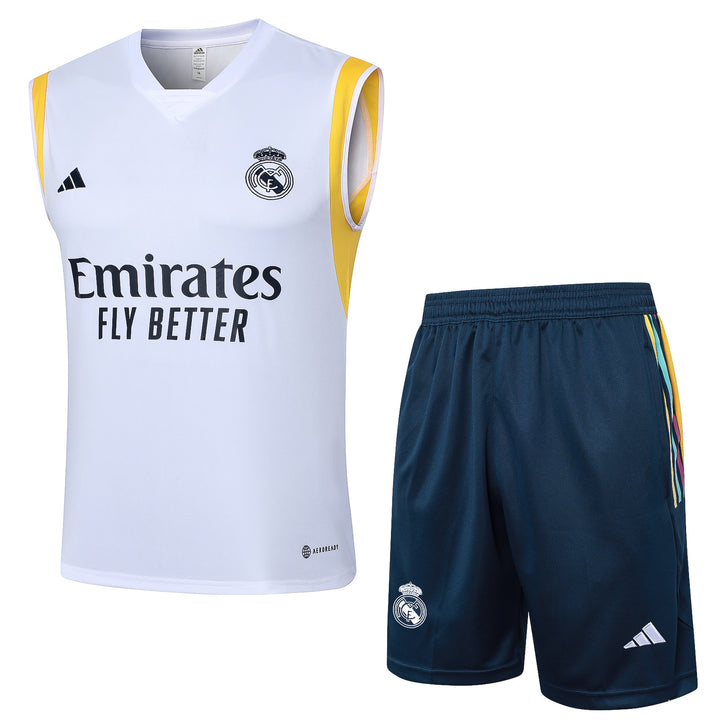 Kit Regata Real Madrid 23/24 - Branco/Amarelo/Azul Petróleo