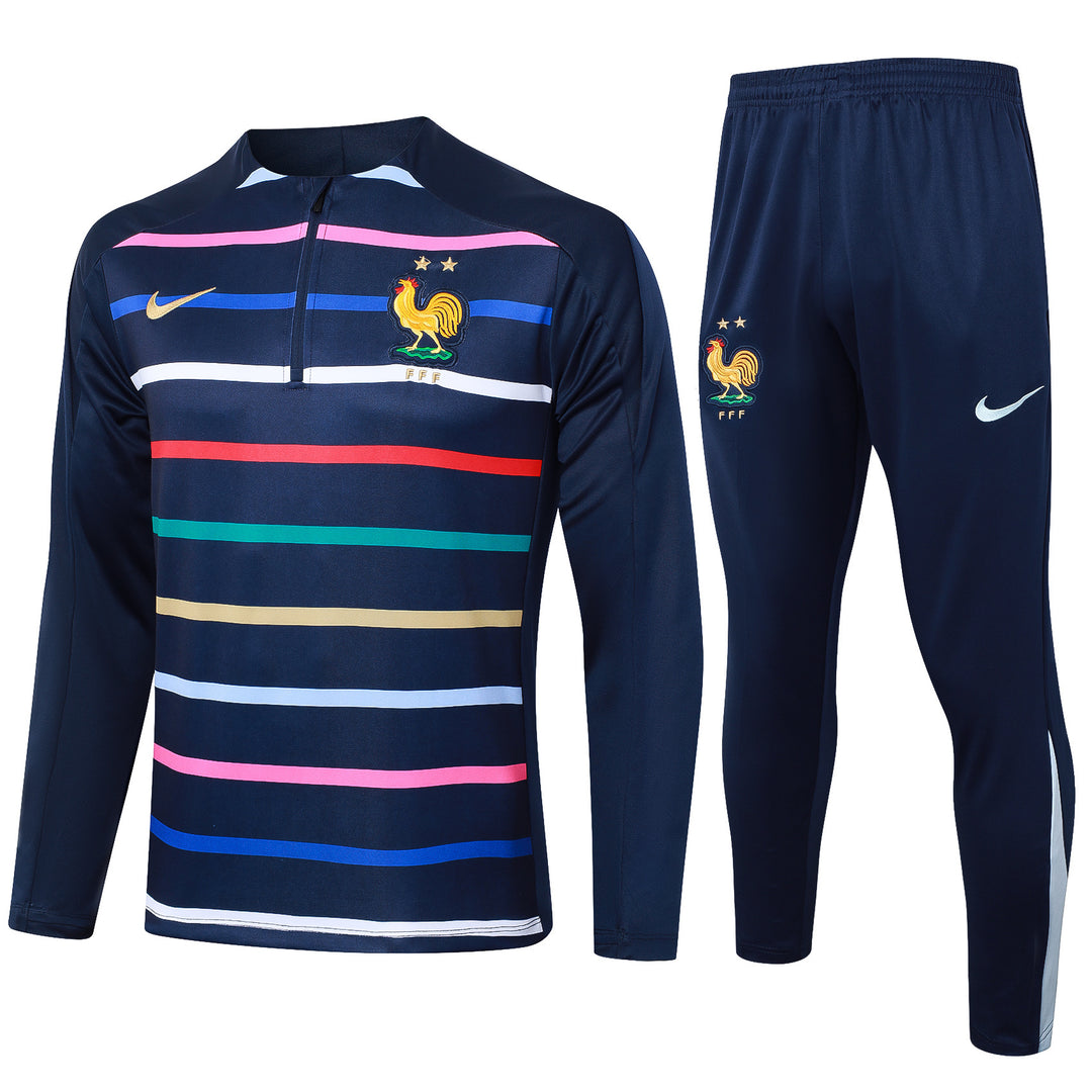 Conjunto Treino França 24/25 Listrado Colorido/Azul Marinho – Belt Sports
