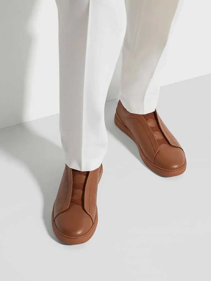 Tênis Zegna Triple Stitch Grained Leather – Marrom