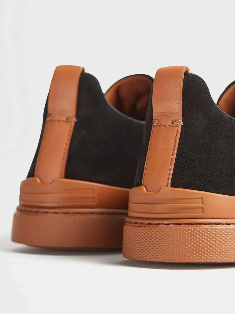 Tênis Zegna Triple Stitch Suede Leather – Preto/Marrom
