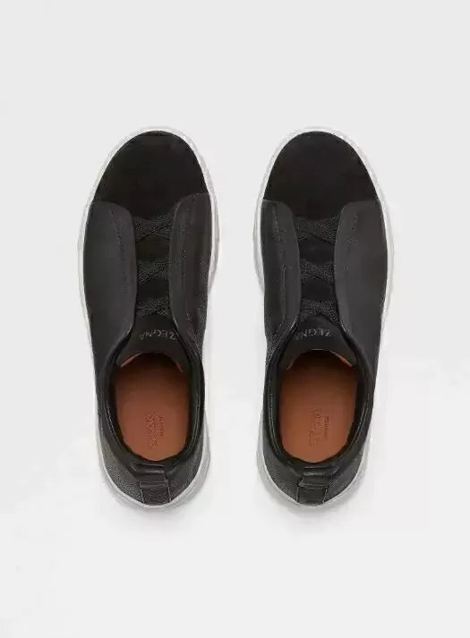 Tênis Zegna Triple Stitch Preto Leather Suede – Branco Sole