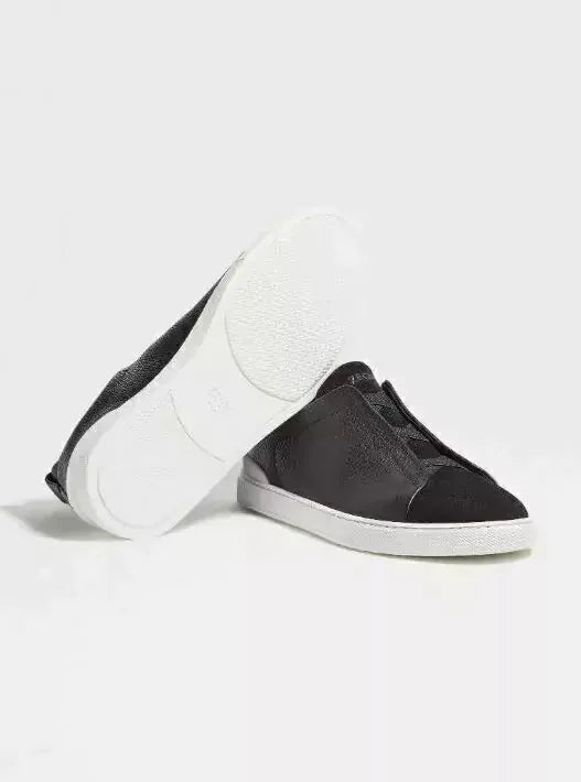 Tênis Zegna Triple Stitch Preto Leather Suede – Branco Sole