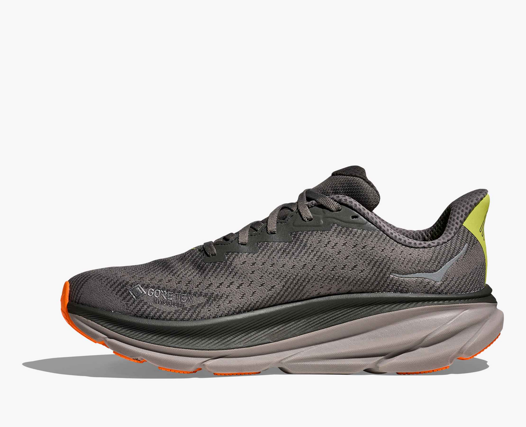 Hoka Clifton 9 GORE TEX - Mescla Cinza/Amarelo Limão/Laranja