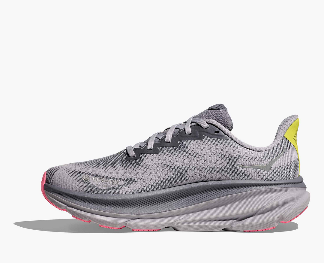Hoka Clifton 9 GORE TEX - Mescla Cinza/Amarelo Limão/Rosa