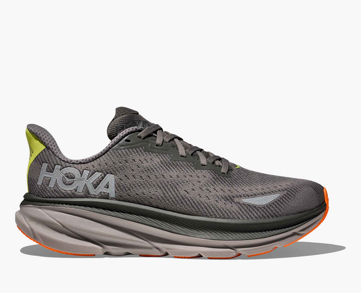 Hoka Clifton 9 GORE TEX - Mescla Cinza/Amarelo Limão/Laranja