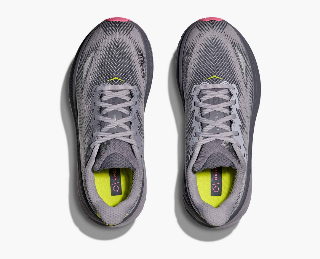 Hoka Clifton 9 GORE TEX - Mescla Cinza/Amarelo Limão/Rosa