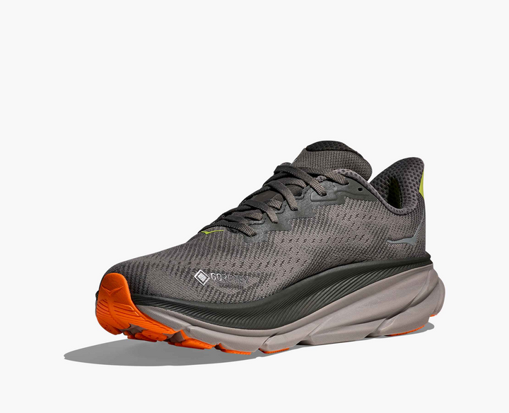 Hoka Clifton 9 GORE TEX - Mescla Cinza/Amarelo Limão/Laranja