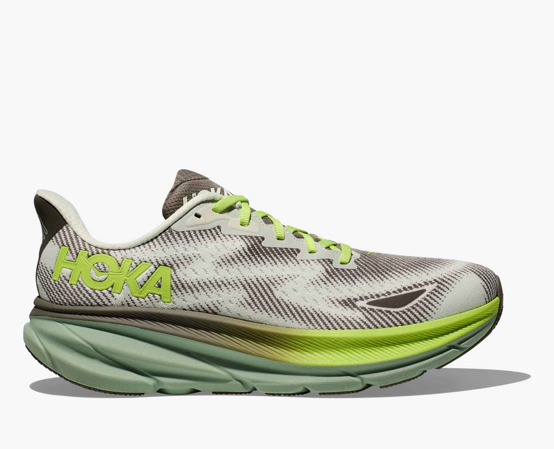 Hoka Clifton 9 GORE TEX - Cinza/Verde Limão/Verde Oliva