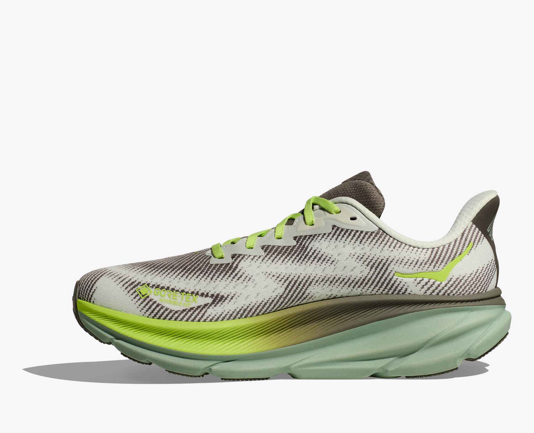 Hoka Clifton 9 GORE TEX - Cinza/Verde Limão/Verde Oliva
