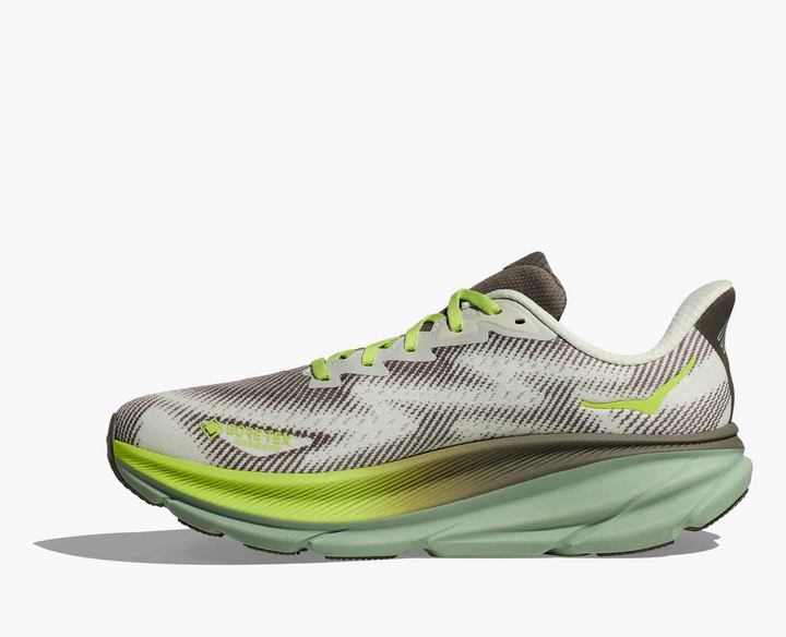 Hoka Clifton 9 GORE TEX - Cinza/Verde Limão/Verde Oliva