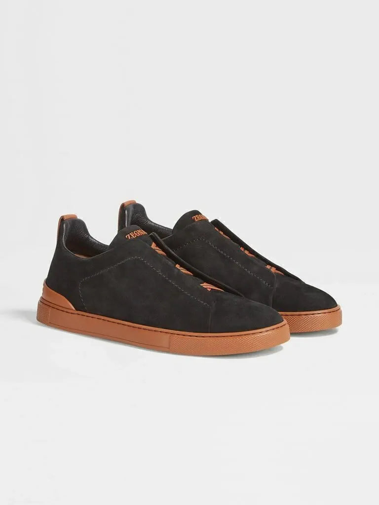 Tênis Zegna Triple Stitch Suede Leather – Preto/Marrom